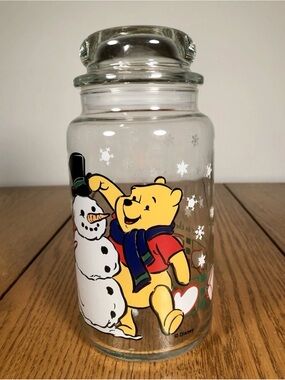 Disney Winnie the Pooh Holiday Glass Canister - Yellow, Red, Blue